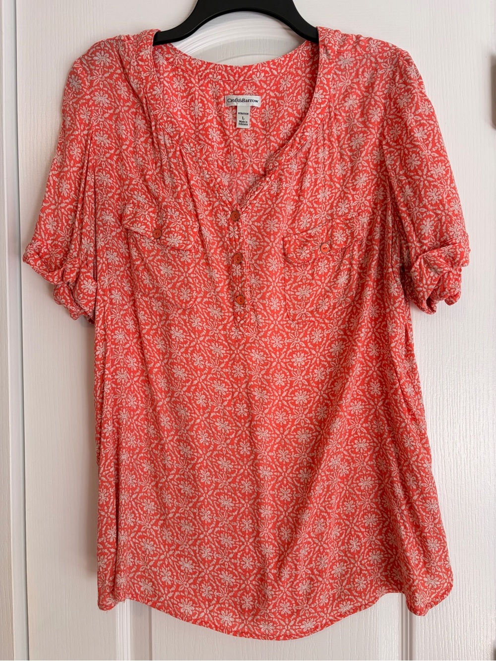 croft & barrow Coral Orange Printed Henley Blouse